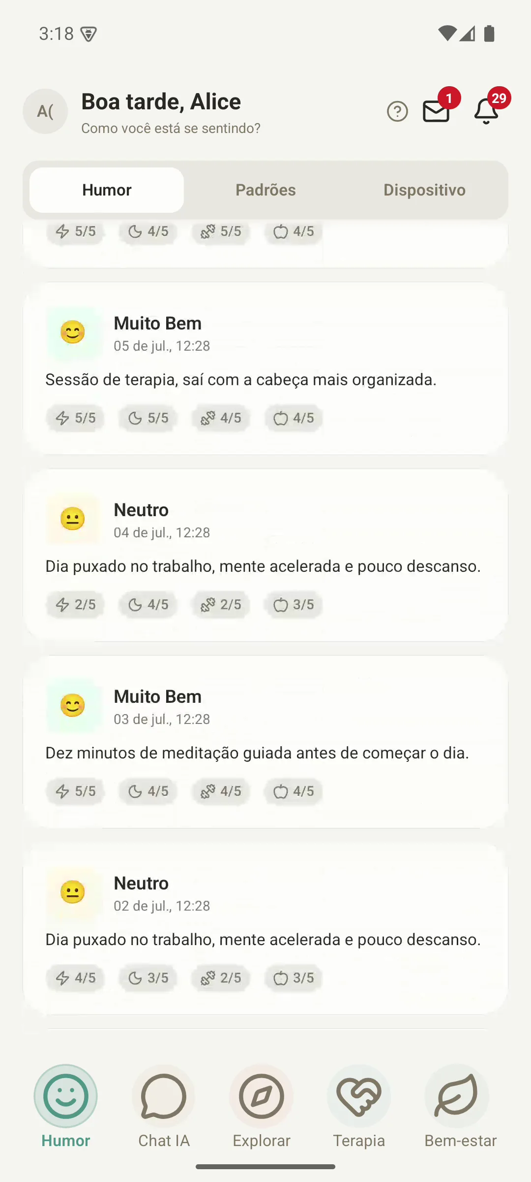 Histórico de registros de humor