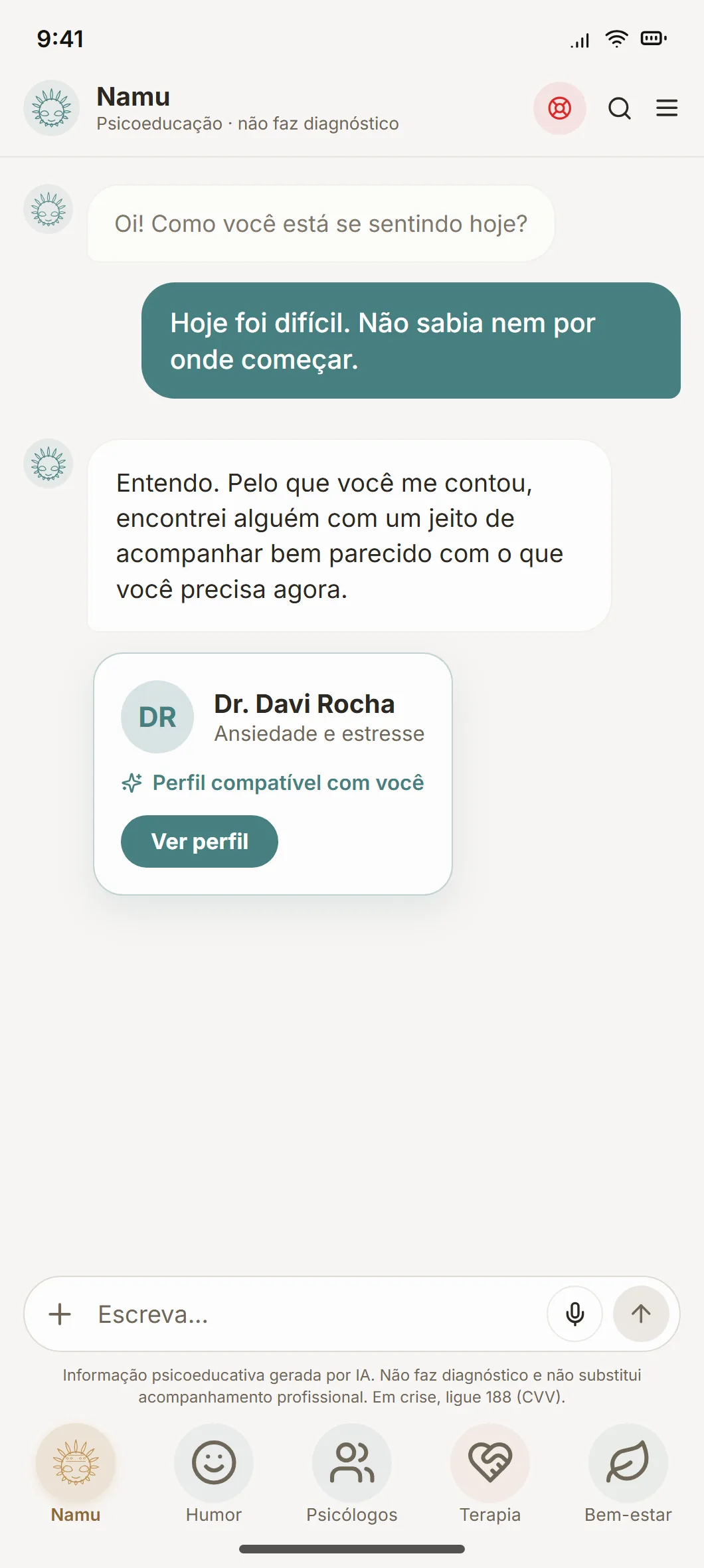 Conversa com o Namu, que indica um psicólogo com perfil compatível
