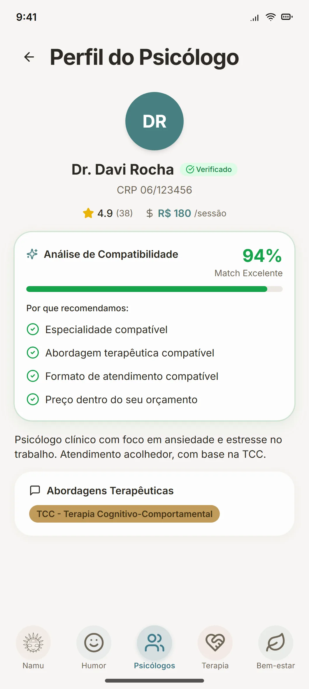 Perfil de um psicólogo com CRP verificado e a análise de compatibilidade