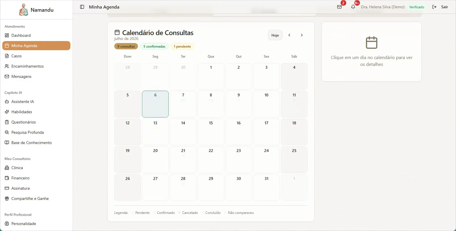 Calendário de consultas do portal do psicólogo