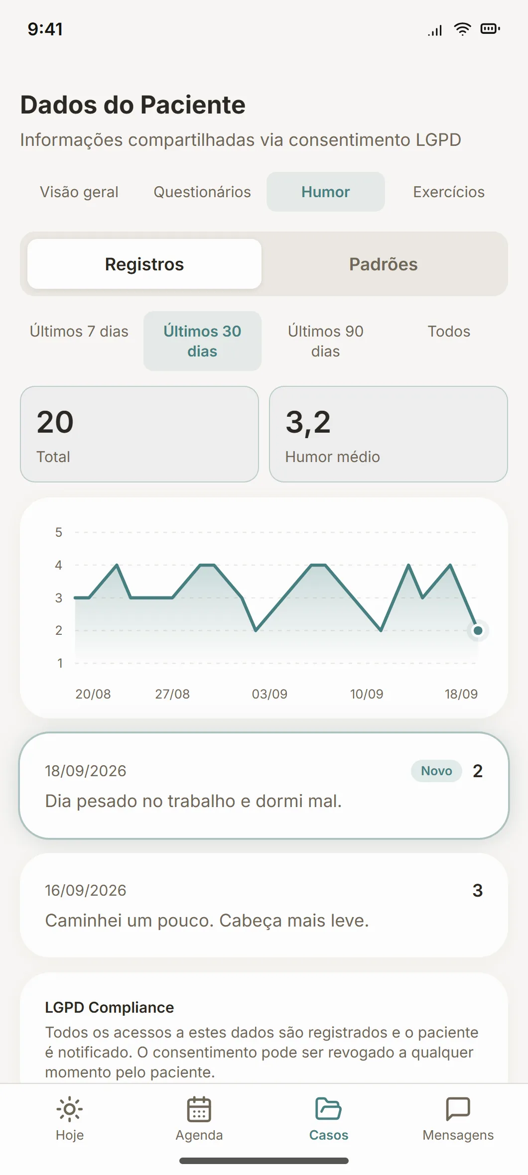 Registros de humor do paciente no app do psicólogo, com o mais recente marcado como novo