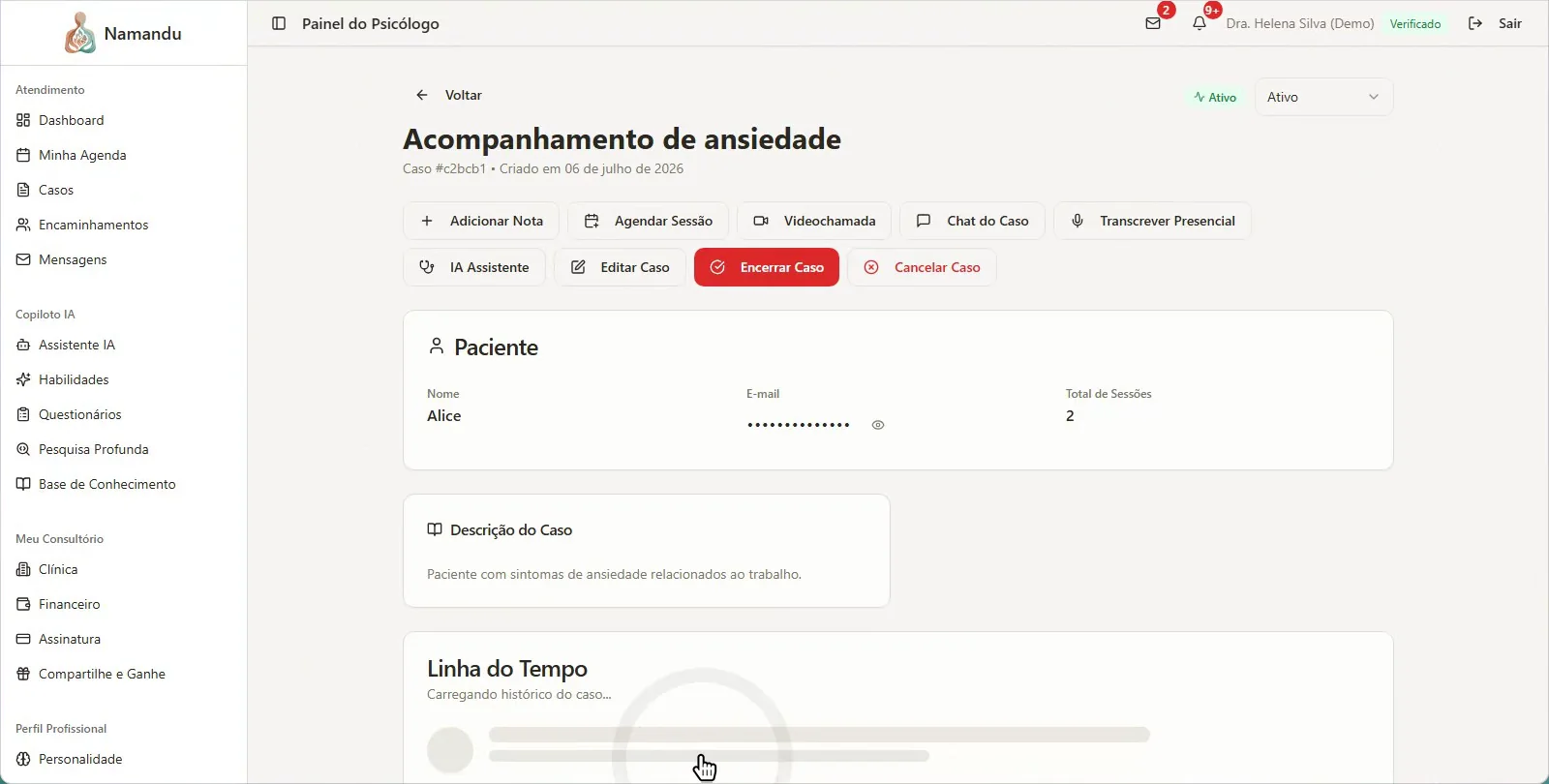 Linha do tempo de um caso, com sessões e marcos