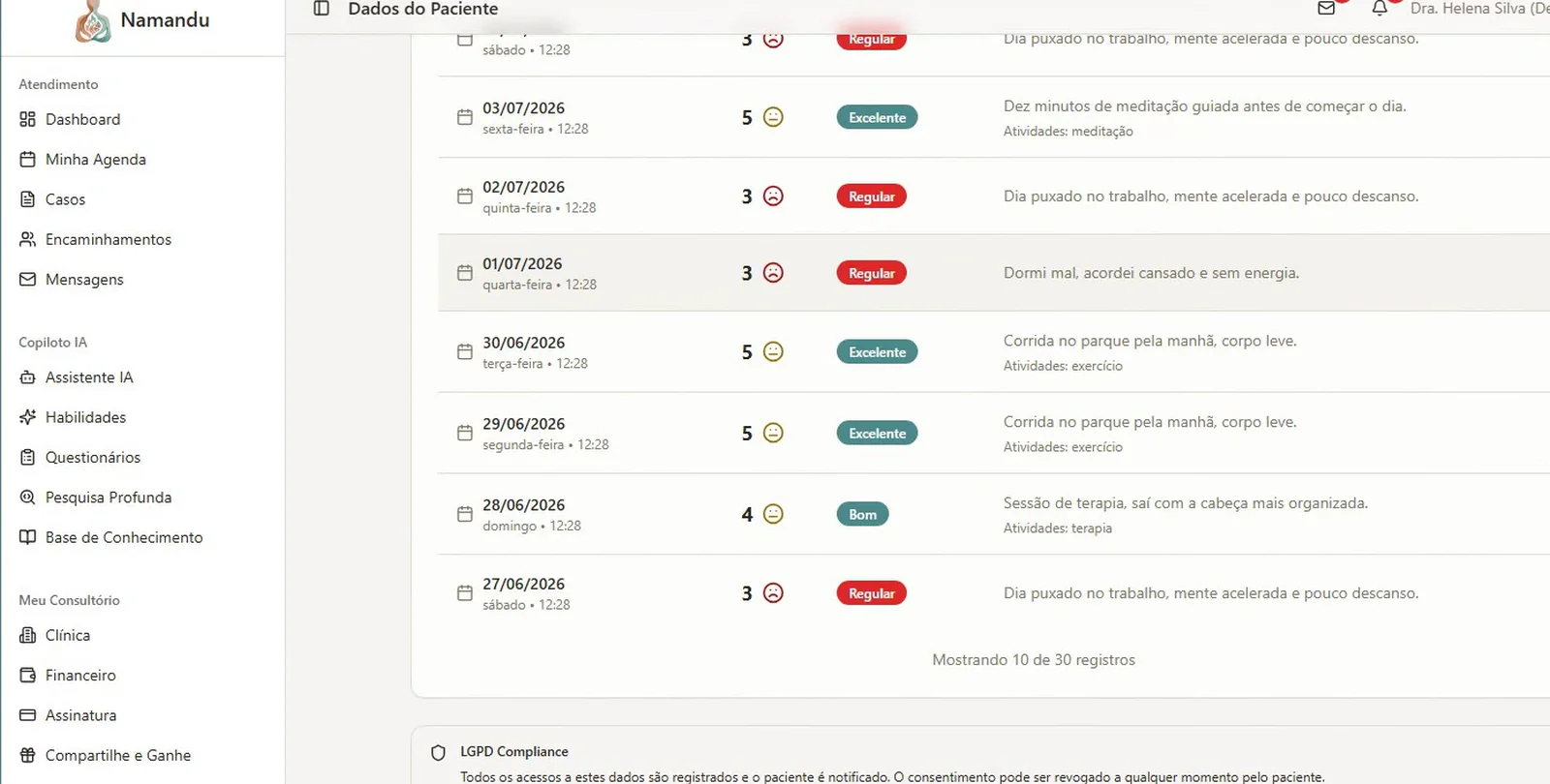 Registros do paciente chegando ao painel do psicólogo