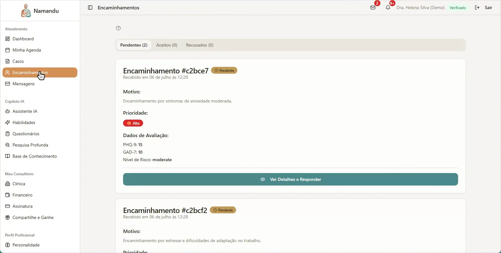Encaminhamento com escores de PHQ-9 e GAD-7 antes do aceite