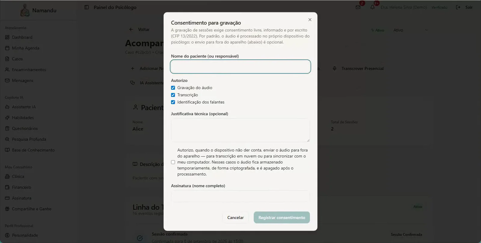 Sessão com transcrição e resumo no portal do psicólogo