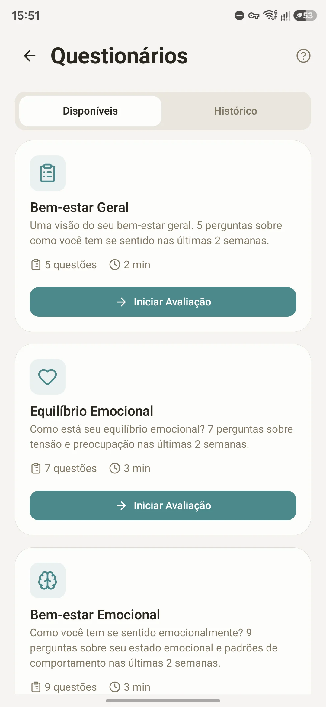 Triagens disponíveis no app, com número de questões e tempo estimado